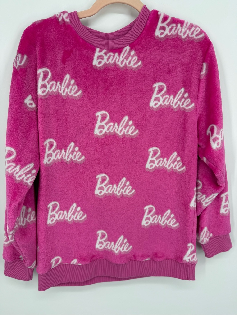 Barbie Women Pink Logo Spell Out Graphic Plush Sweatshirt SOFT Medium
